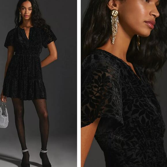 ANTHROPOLOGIE The Somerset Velvet Mini Dress Black Burnout Sz M NWT $160 {3Y10} - Picture 3 of 3